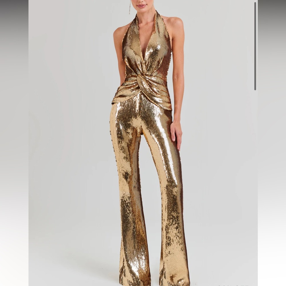 NADINE MERABI Tianna Gold Sequin Jumpsuit
